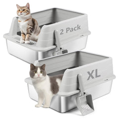 Bartuke XL stainless steel litter box front view with high sides for containment and odor control.