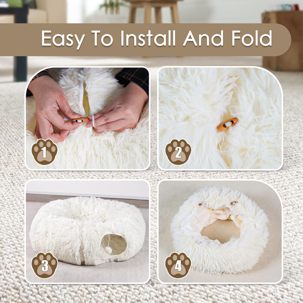 Baseola Cat Tunnel Bed folded storage shows space-saving design when not in use.