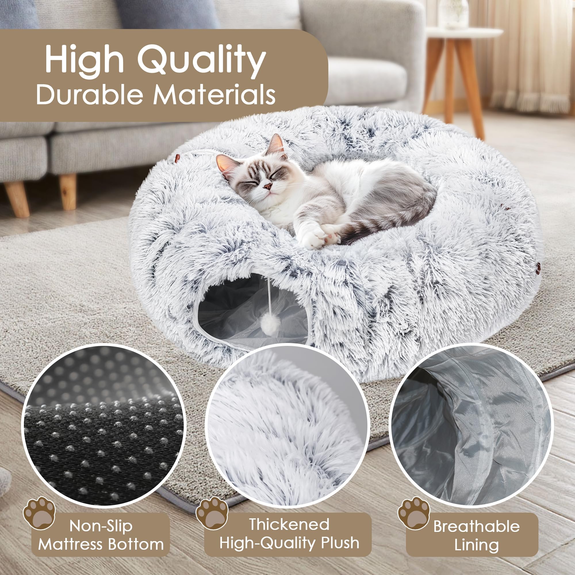 Baseola cat tunnel bed middle-mat-comfort adds plush comfort between activities.