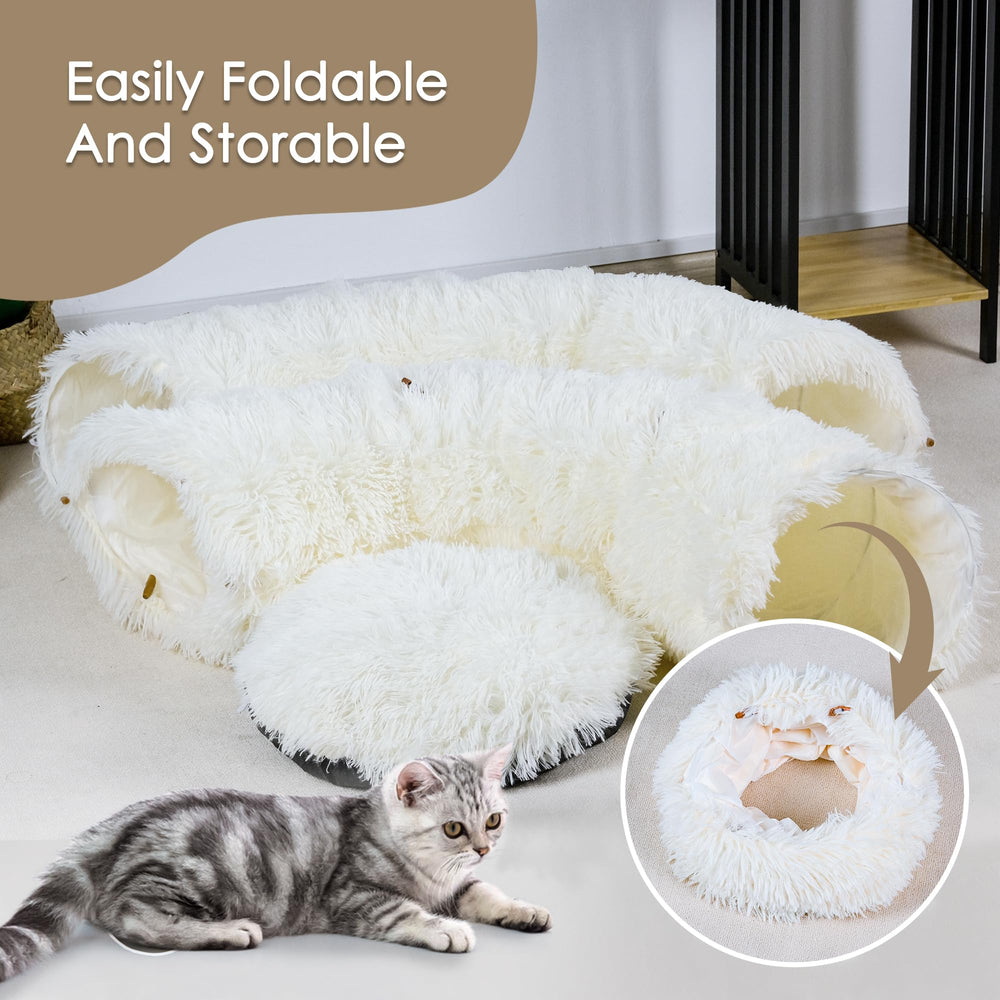 Baseola Cat Tunnel Bed wide setup illustrates multi-pet play area and exploration.