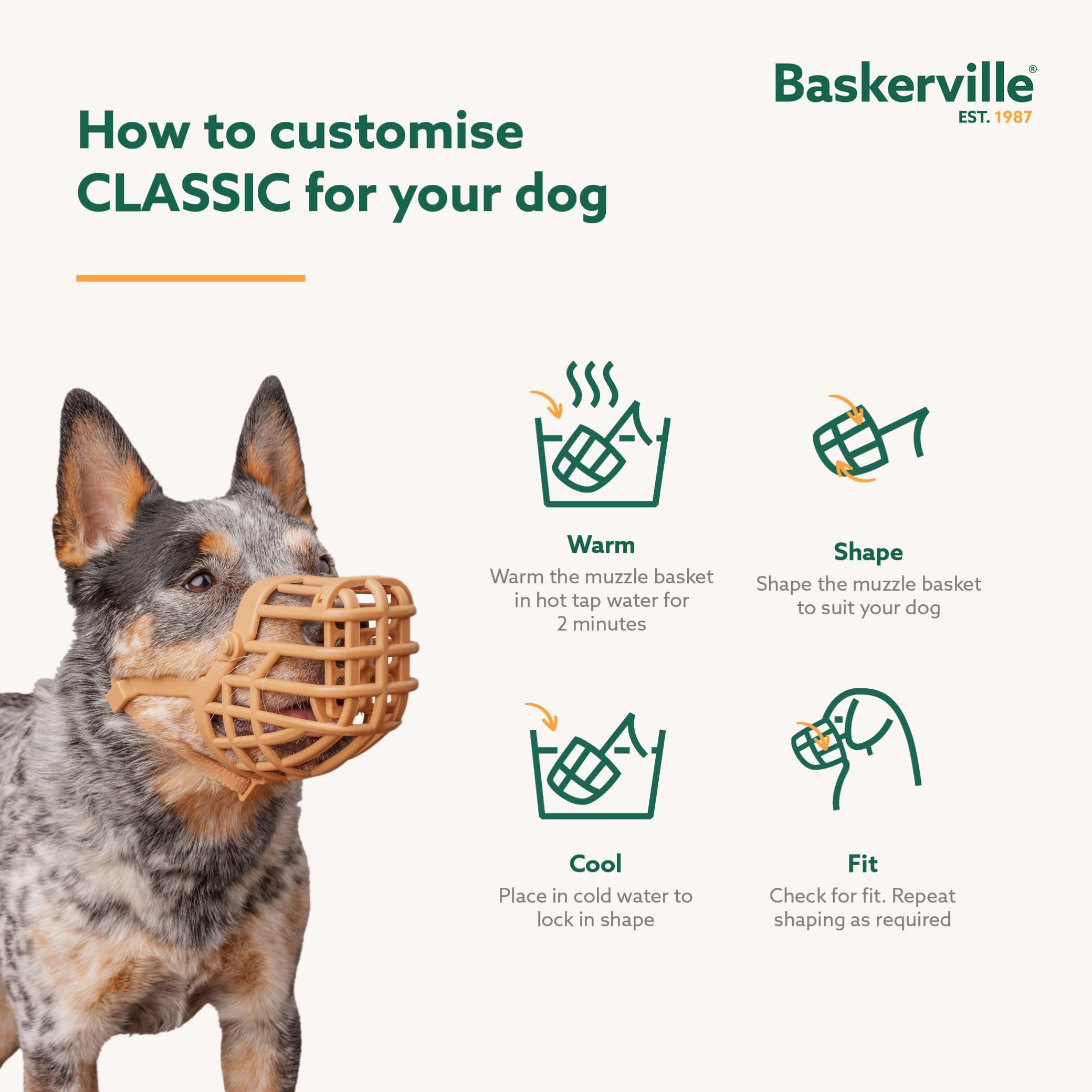 Secure neck strap on Baskerville muzzle for quick, reliable fit
