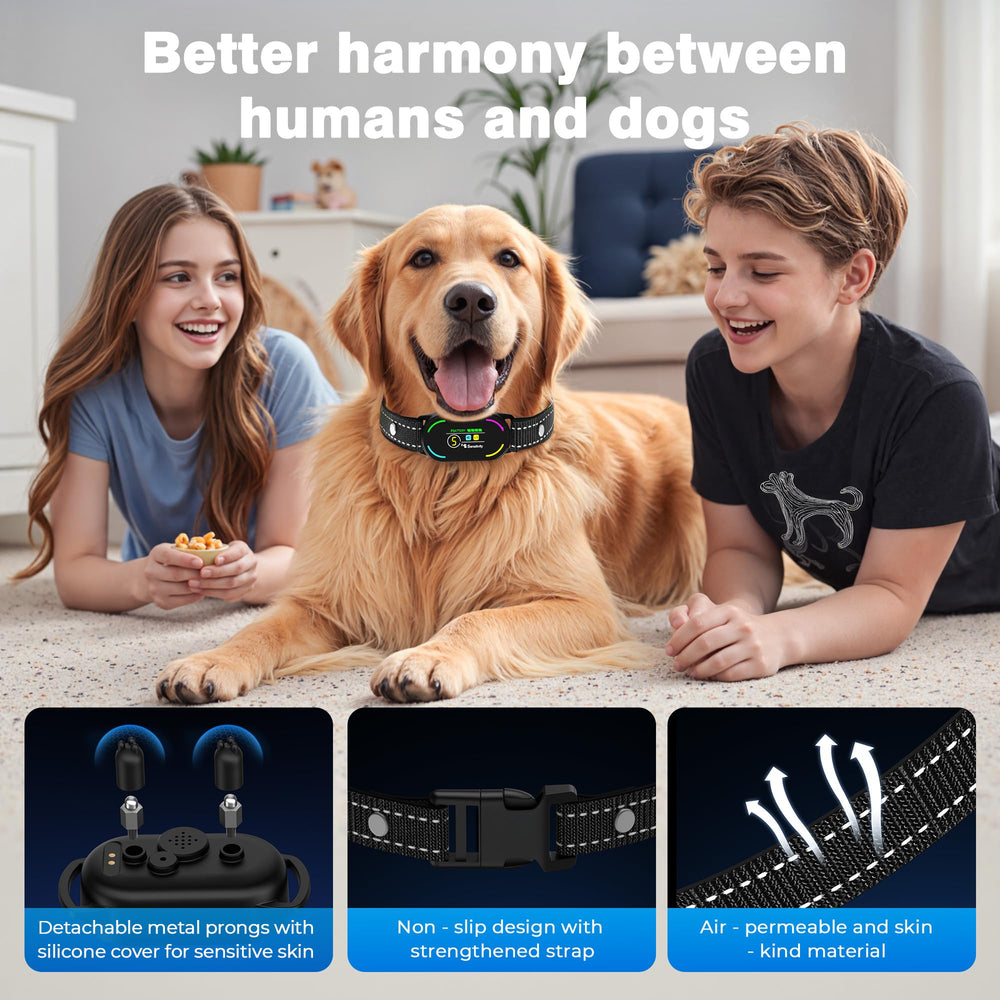 Bassflows dog bark collar adjustable sizes image demonstrates neck range from 8 to 26 inches.