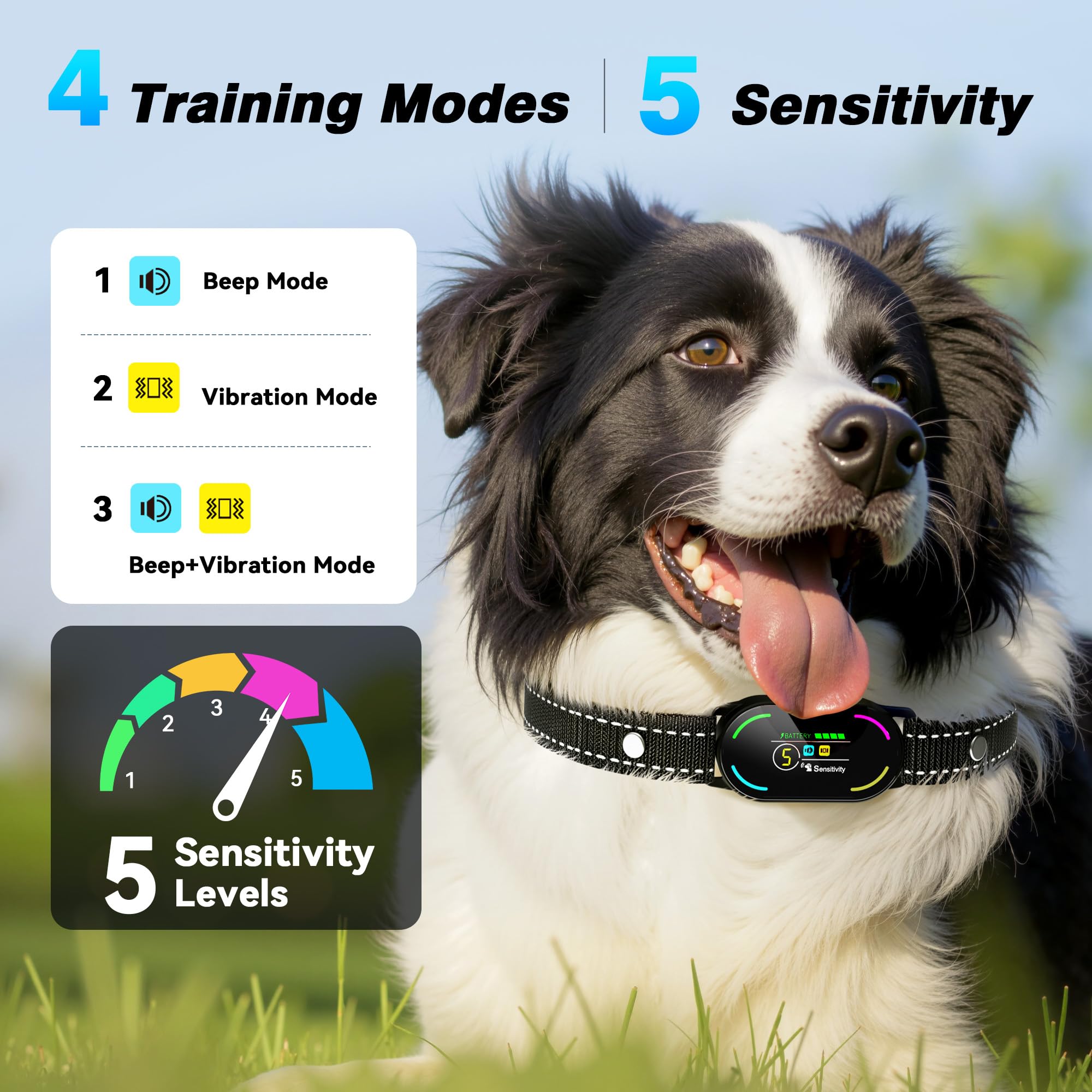 Bassflows dog bark collar training modes image shows four feedback options for tailored training.
