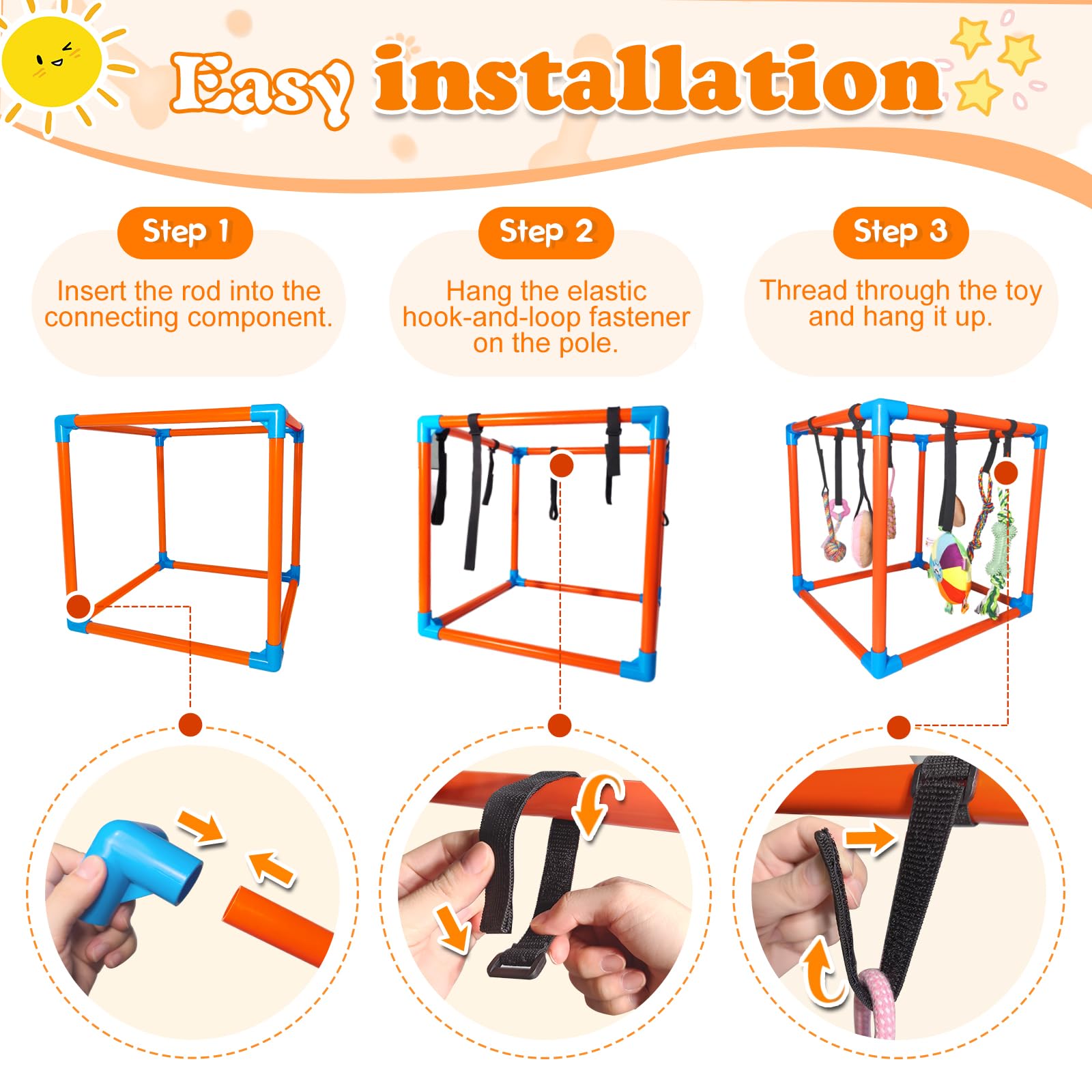 BASTIPETA Puppy Play Gym bungee-style straps absorb pulls for safer play.
