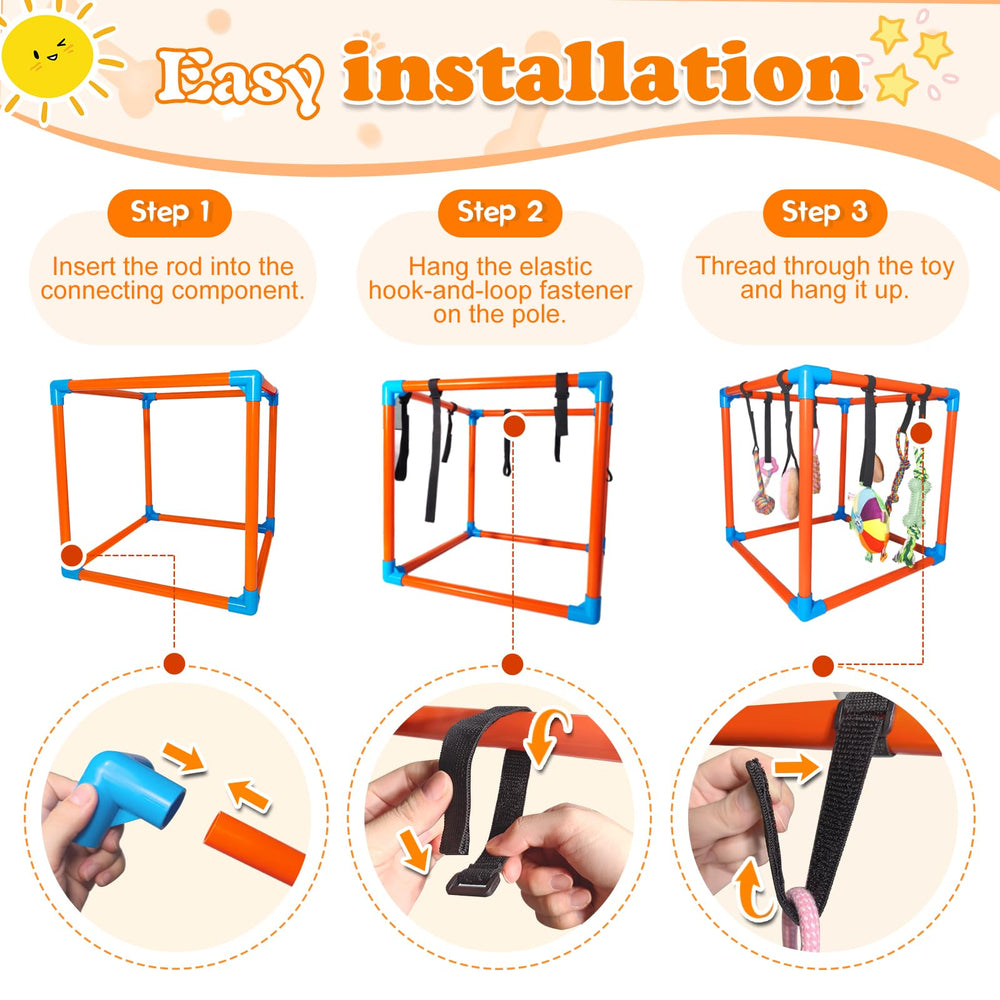 BASTIPETA Puppy Play Gym bungee-style straps absorb pulls for safer play.