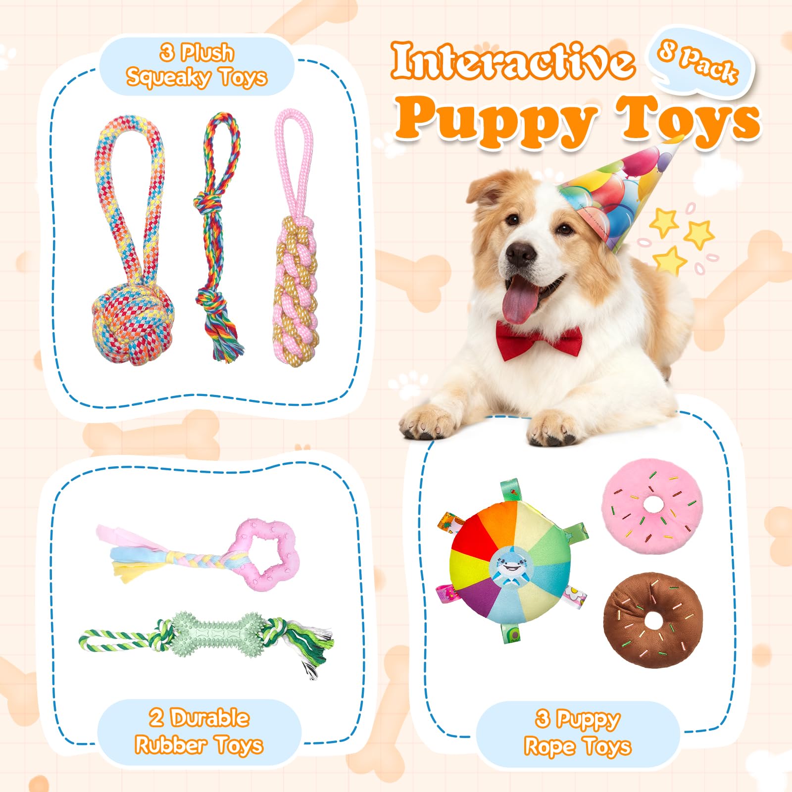 BASTIPETA adjustable height strap shows easy growth-friendly toy positioning for puppies.