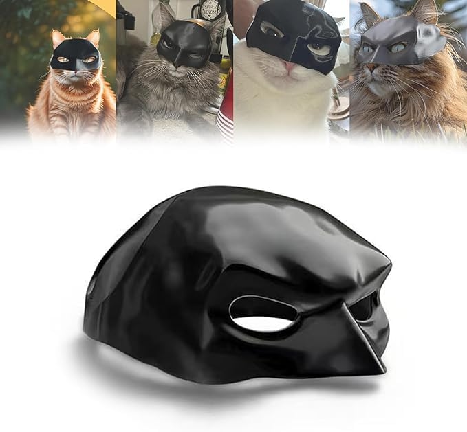 BatCat Mask on cat during photoshoot for playful superhero cosplay.