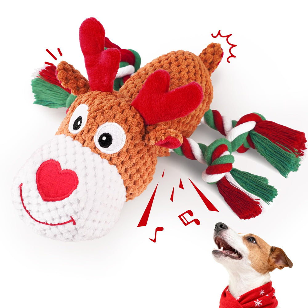 BBeary Christmas dog toy rope-reindeer closeup highlights durable rope core and festive design.