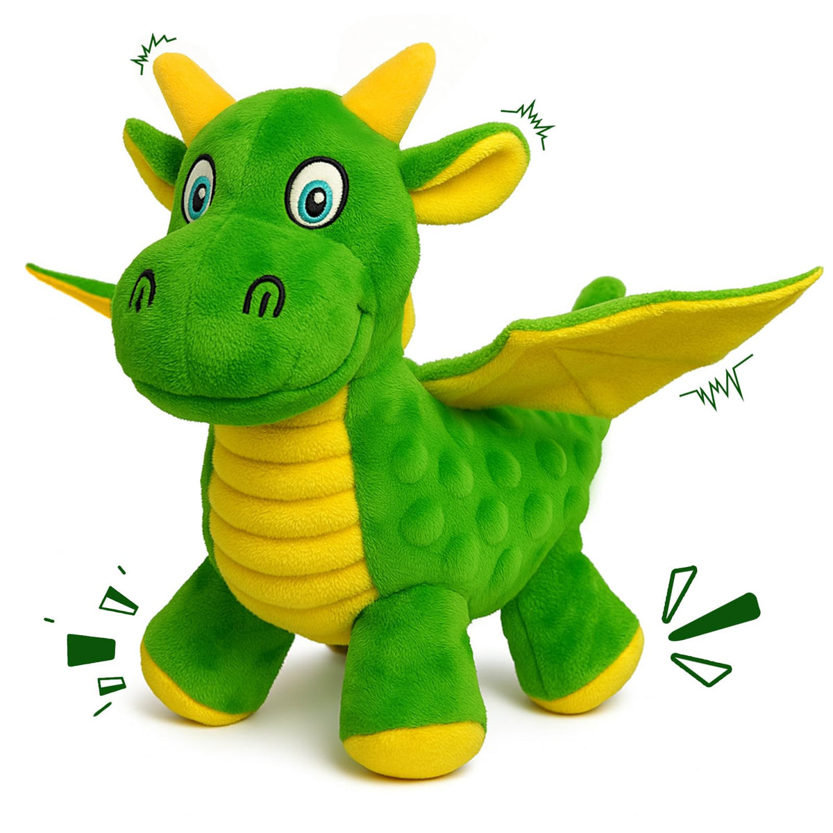 BBeary Squeaky Dragon toy in green with wing-flap for interactive play.