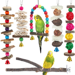 BBjinronjy Bird Perch Toy in natural wood provides chewing enrichment during cage time.
