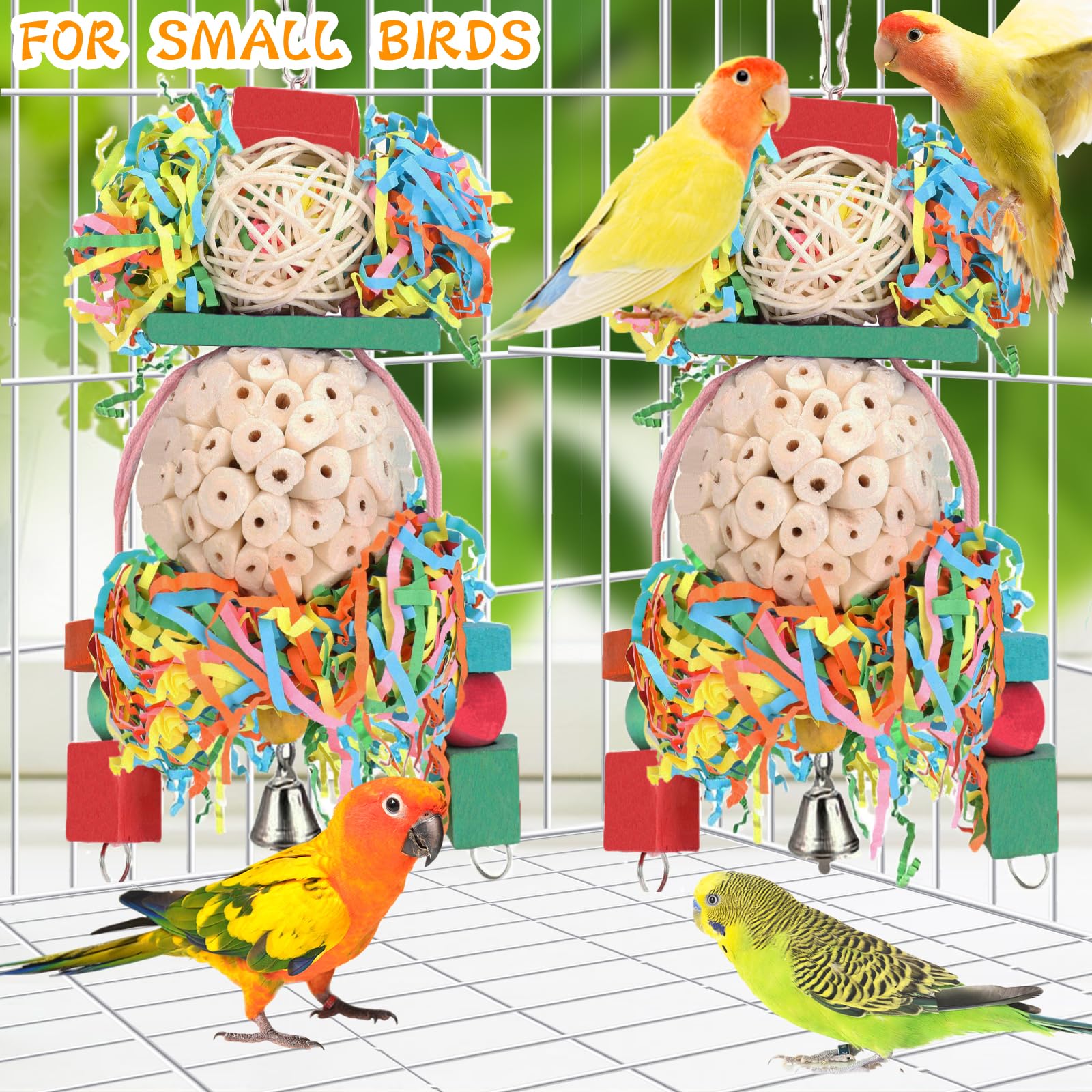 BBjinronjy sola ball assembly highlights colorful components sustaining curious parrots.