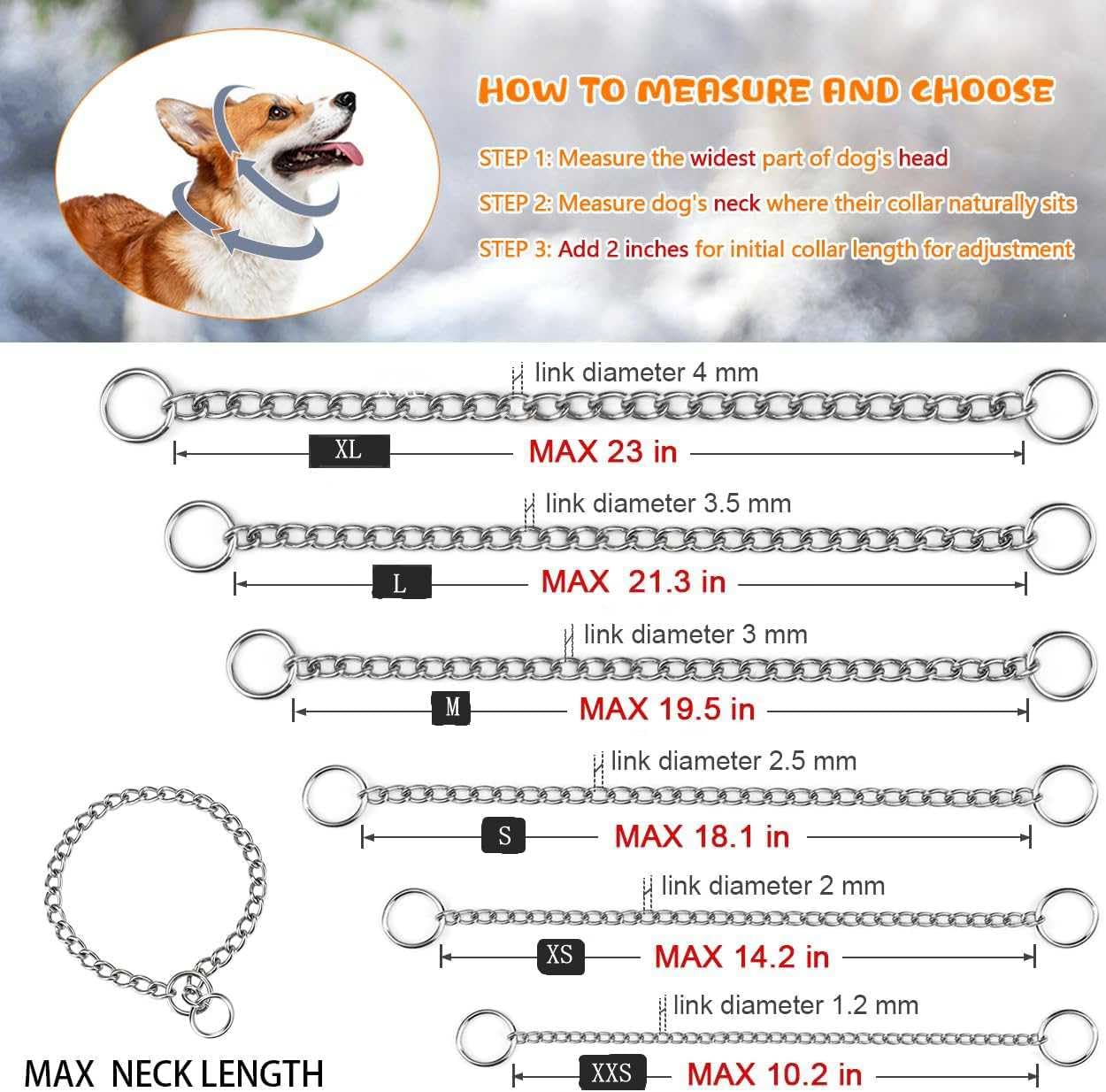 Bbmmayy choke chain on a puppy-fit image demonstrates adjustable sizing across XXS to XL.