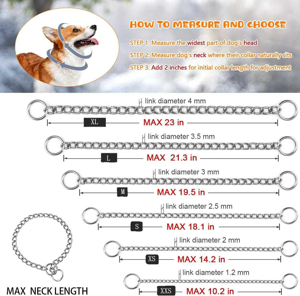 Bbmmayy choke chain on a puppy-fit image demonstrates adjustable sizing across XXS to XL.