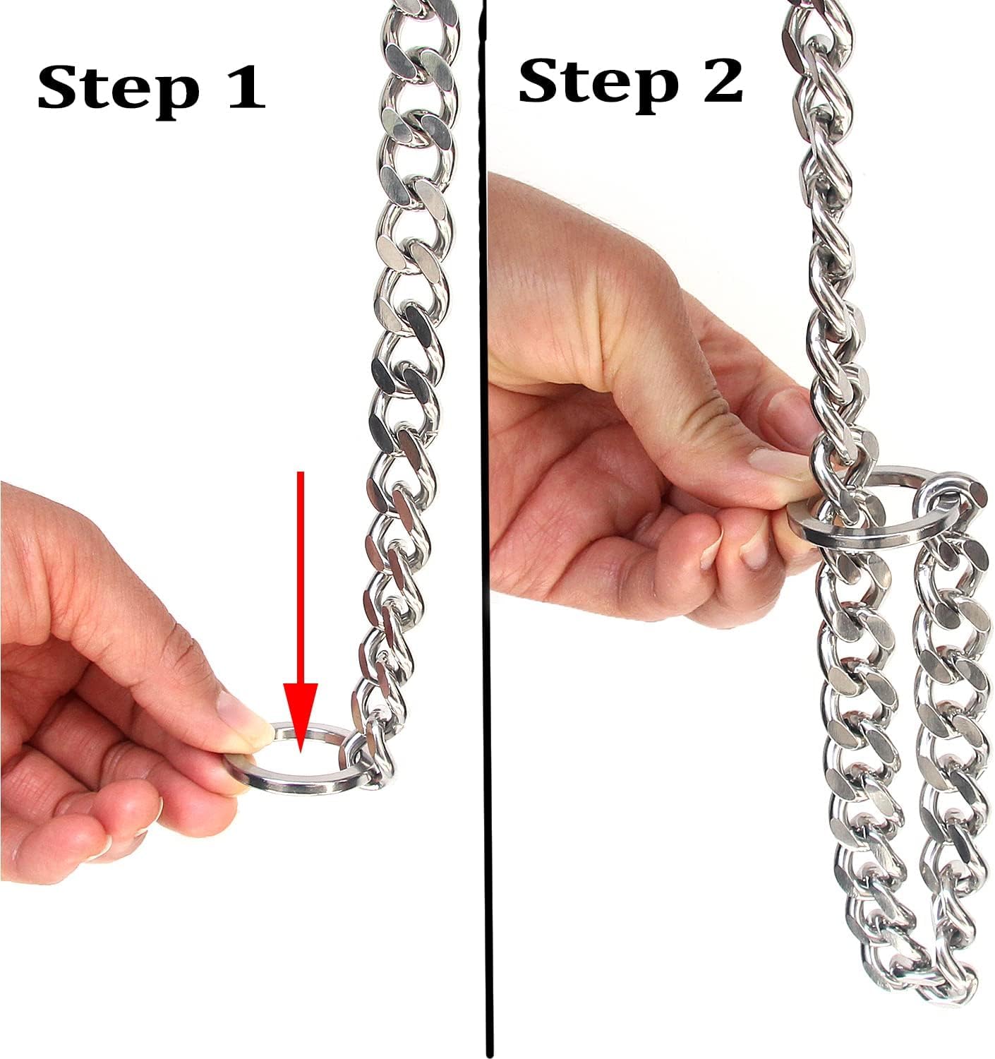 Bbmmayy choke chain in a training scene emphasizes humane correction during drills.