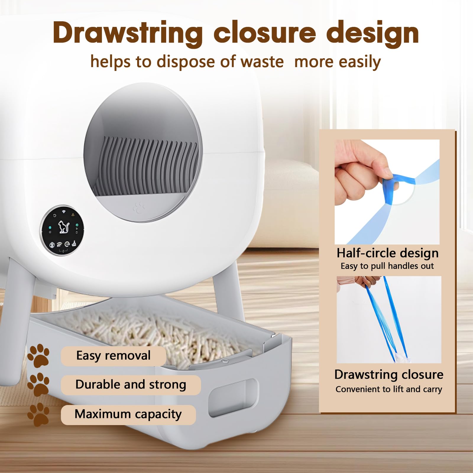 BCHARYA drawstring closure demonstrates quick, hygienic disposal and odor control