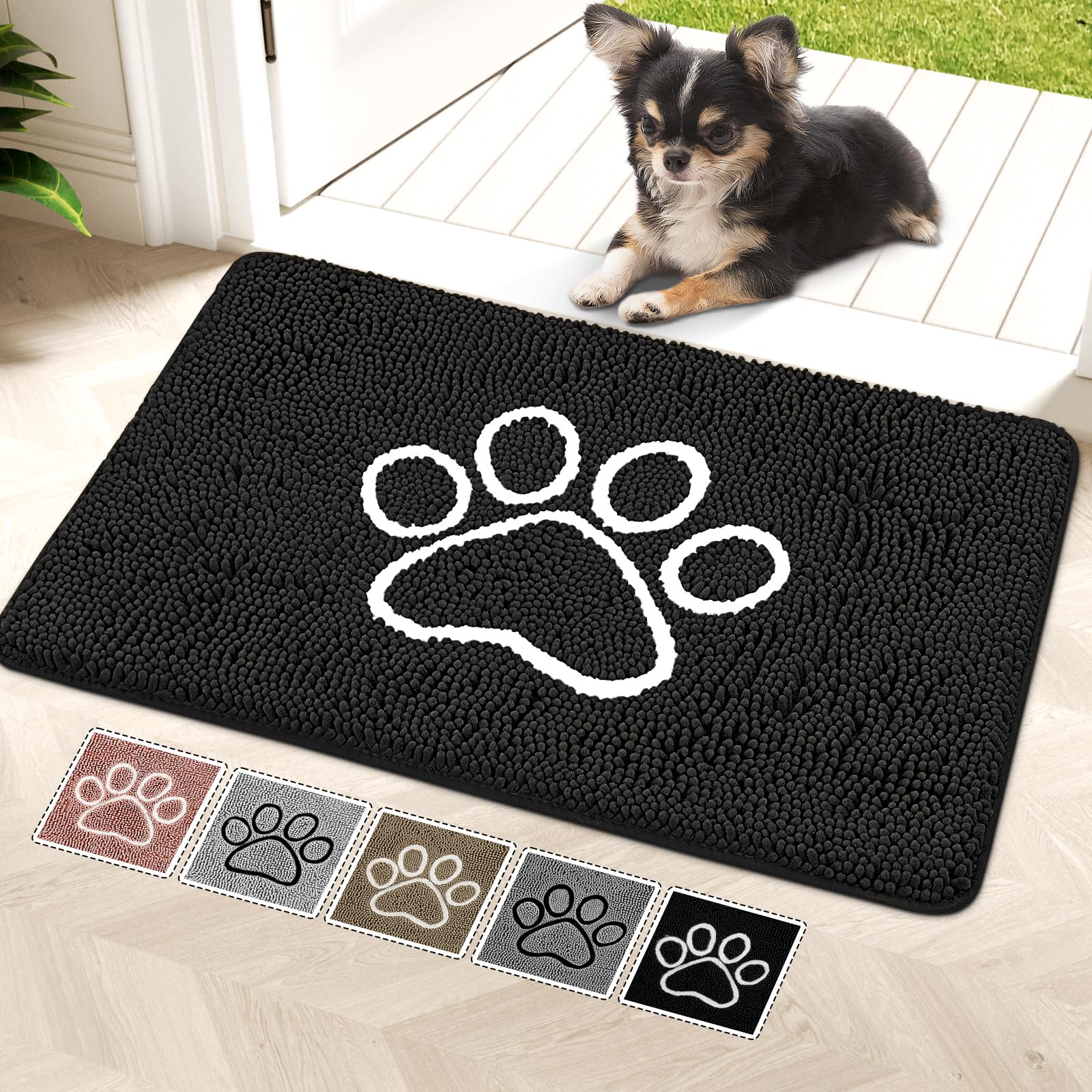 Bcoimo dog door mat top view demonstrates plush surface for moisture and dirt absorption.