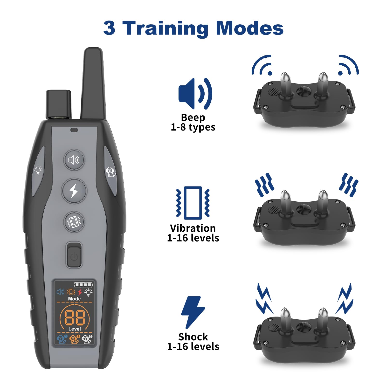 BCPETMY training collar offers Beep, Vibration, and Stimulation modes for flexible obedience guidance.