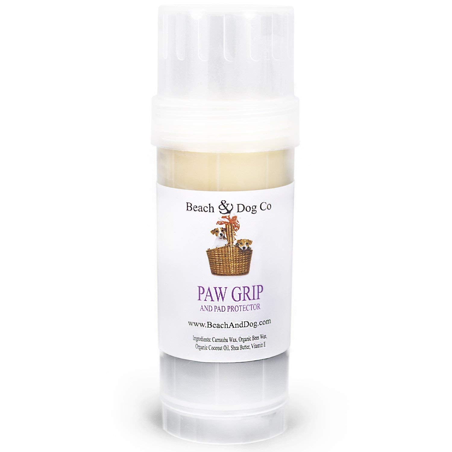 Beach & Dog Co Paw Grip label close-up highlighting natural wax for paw protection.