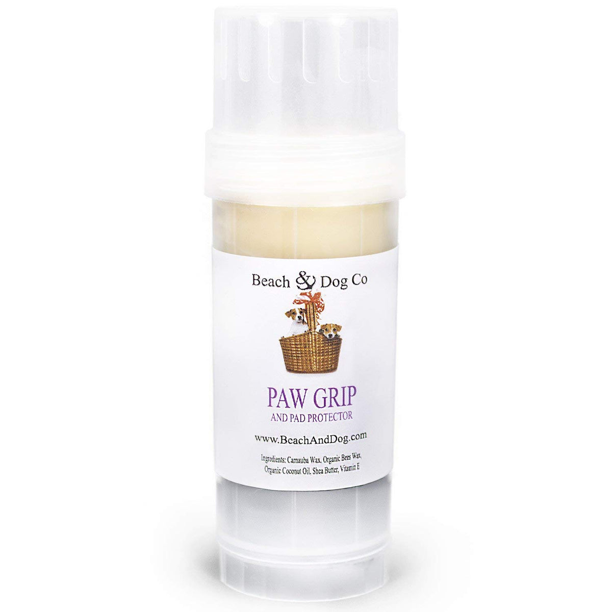 Beach & Dog Co Paw Grip label close-up highlighting natural wax for paw protection.