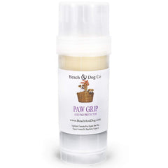 Beach & Dog Co Paw Grip label close-up highlighting natural wax for paw protection.