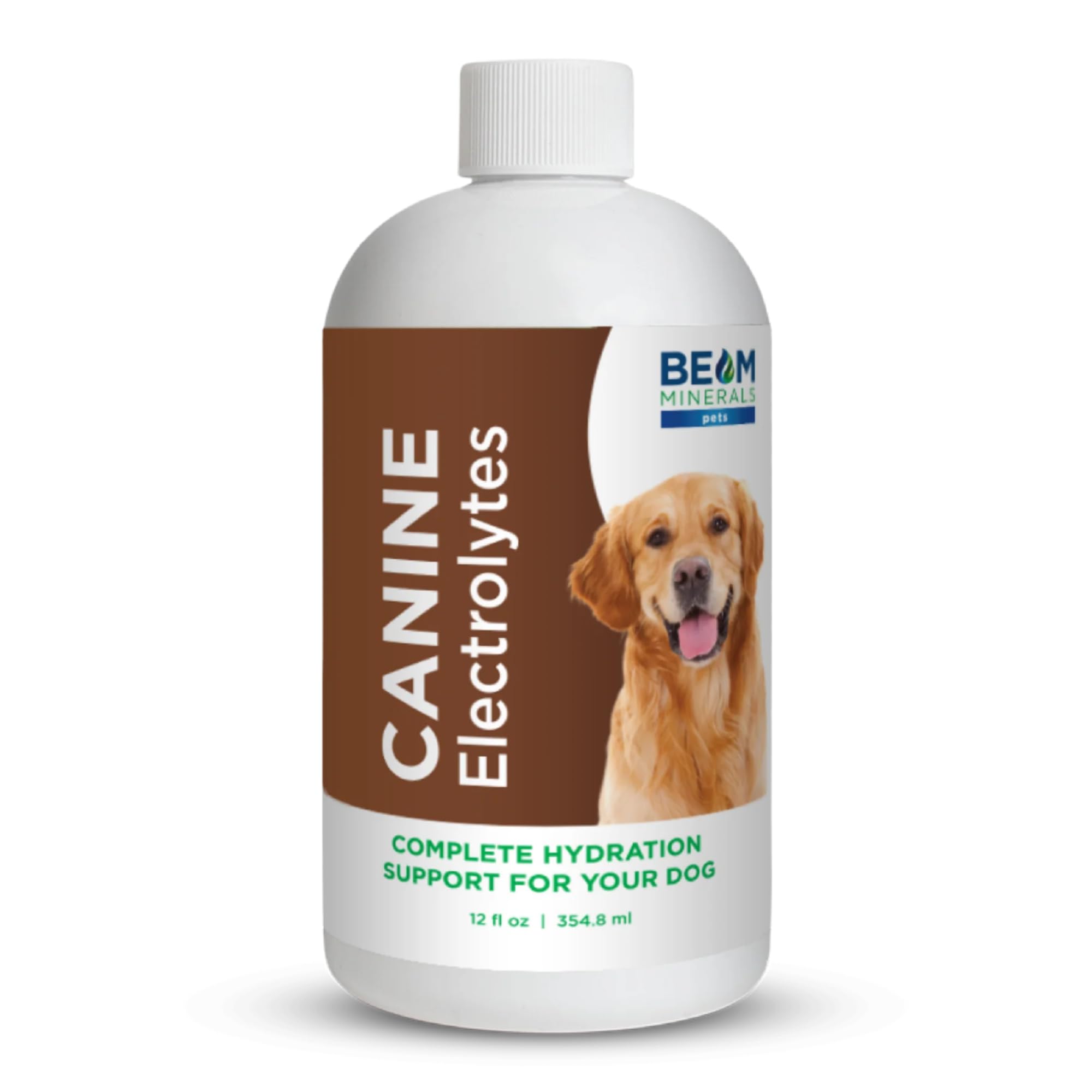 Beam Minerals Complete Canine Electrolytes bottle close-up showing clear formula for daily hydration.