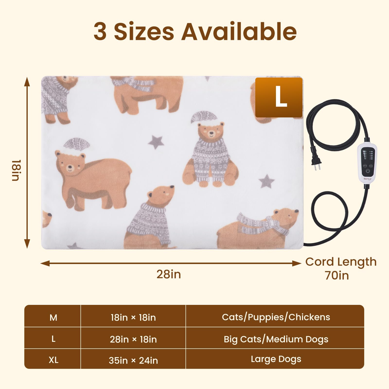 Bearhug adjustable heating pad resting on soft bedding for comfort