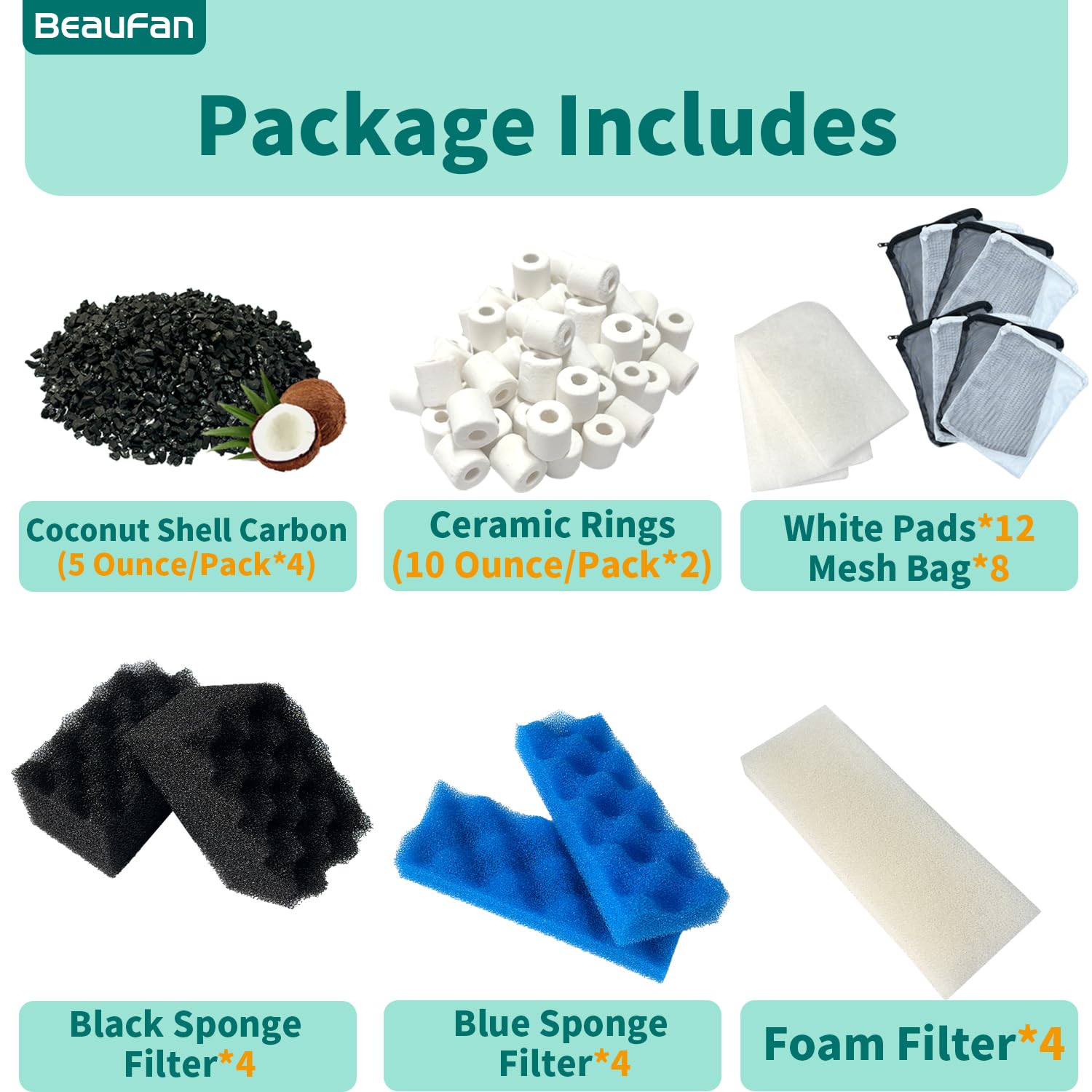 Beaufan activated carbon pack removes odors and discoloration for clearer water.