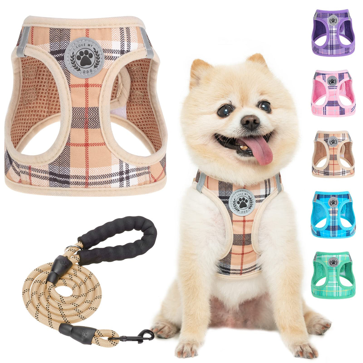 Arnés BEAUTYZOO para perros pequeños con diseño a cuadros, ideal para paseos cómodos.