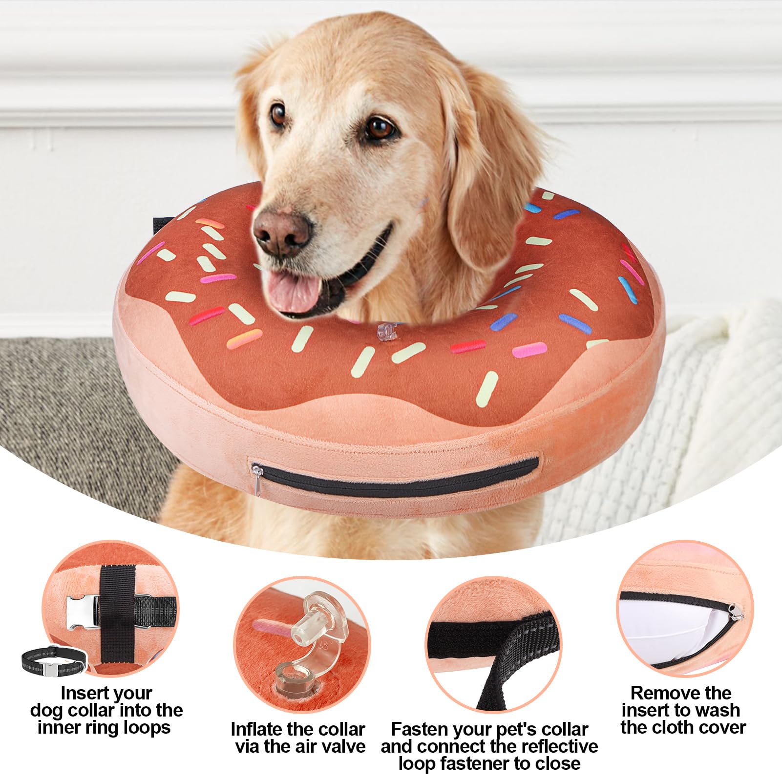 Cat and dog wearing BEAUTYZOO donut collar in home setting for comfortable recovery.