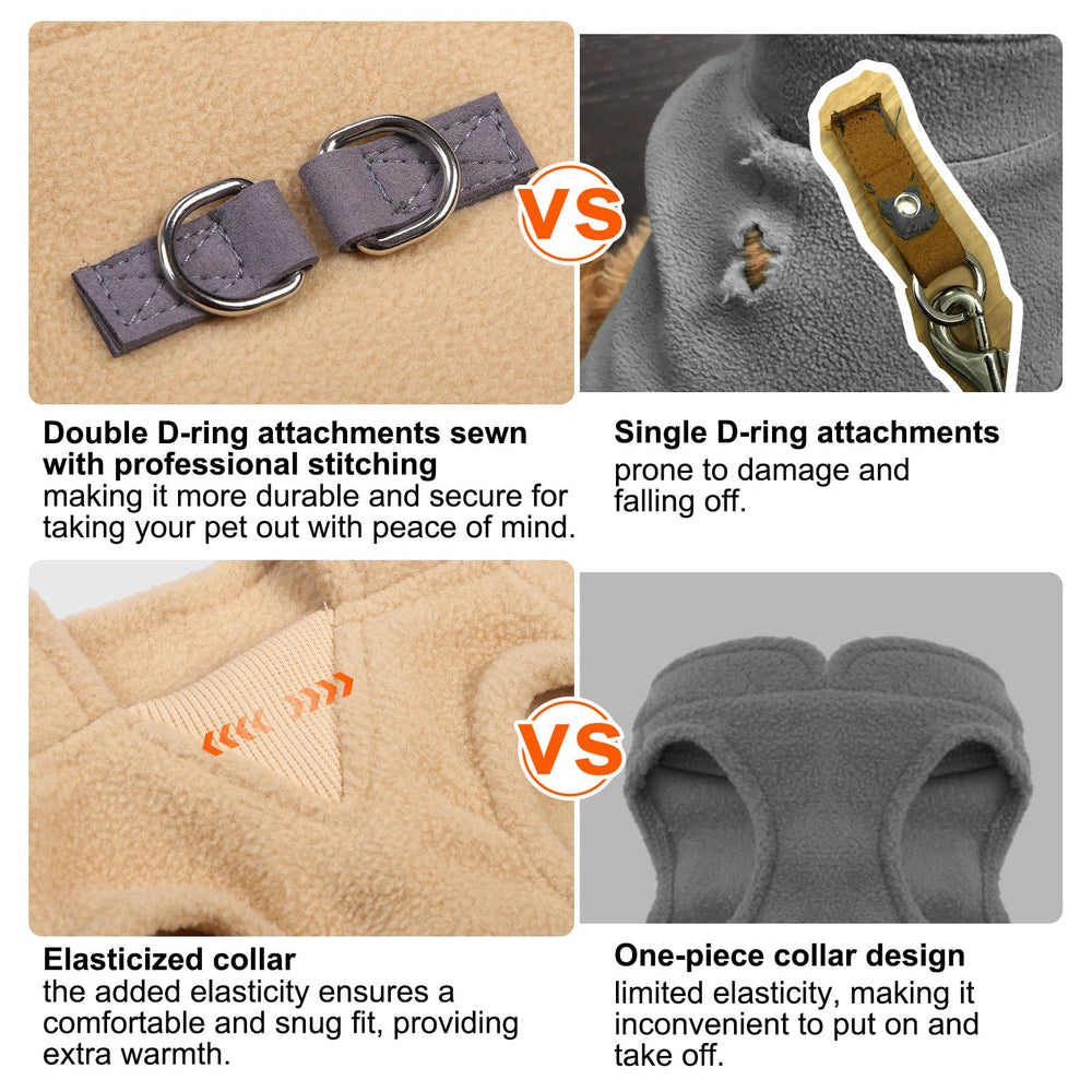 BEAUTYZOO dog fleece vest leash-setup demonstrates convenient two-ring attachment.