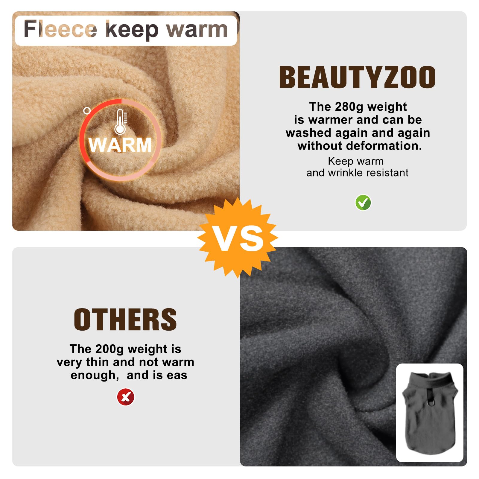 BEAUTYZOO dog fleece vest size XS fits tiny dogs with simple sizing guide.