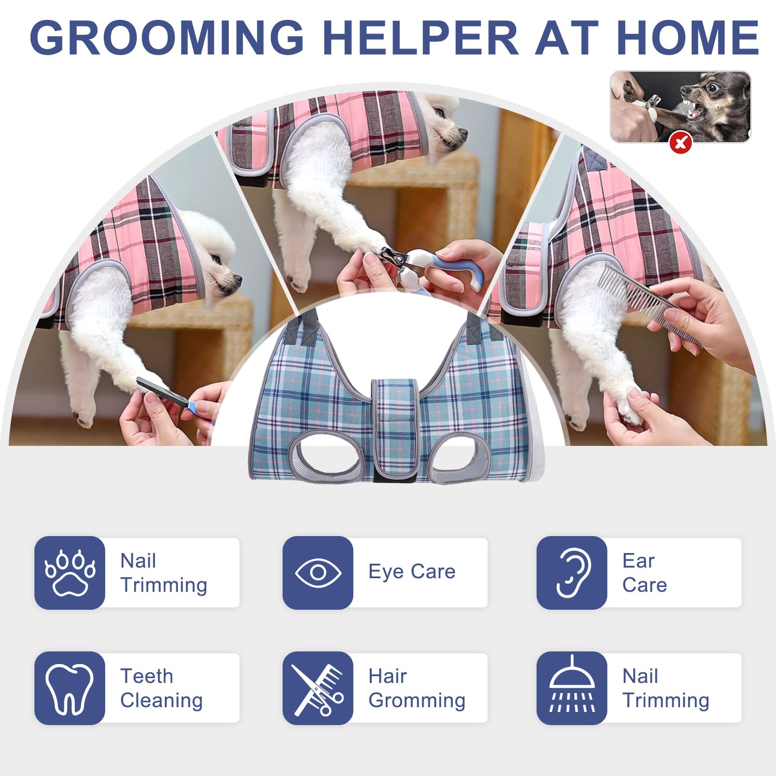 BEAUTYZOO blue grooming hammock setup shown for easy home grooming and calmer pets.