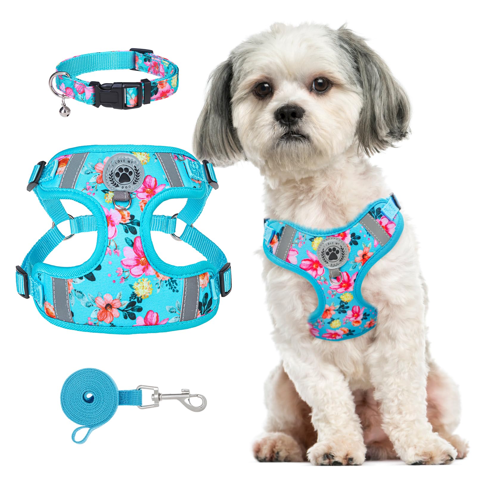 BEAUTYZOO dog harness small blue front view showing comfortable design for daily walks
