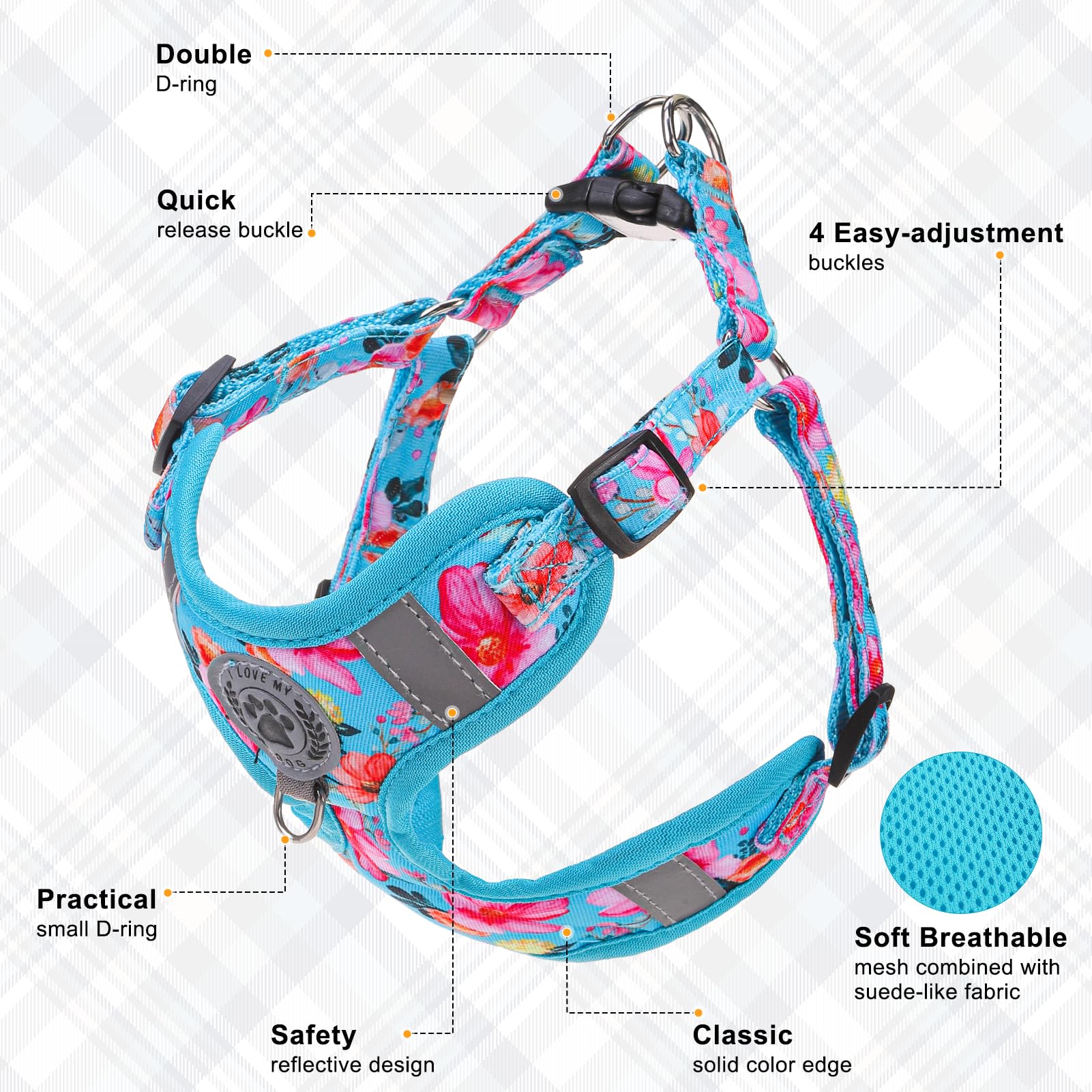 BEAUTYZOO small blue harness side view indicates adjustable fit for secure strolls