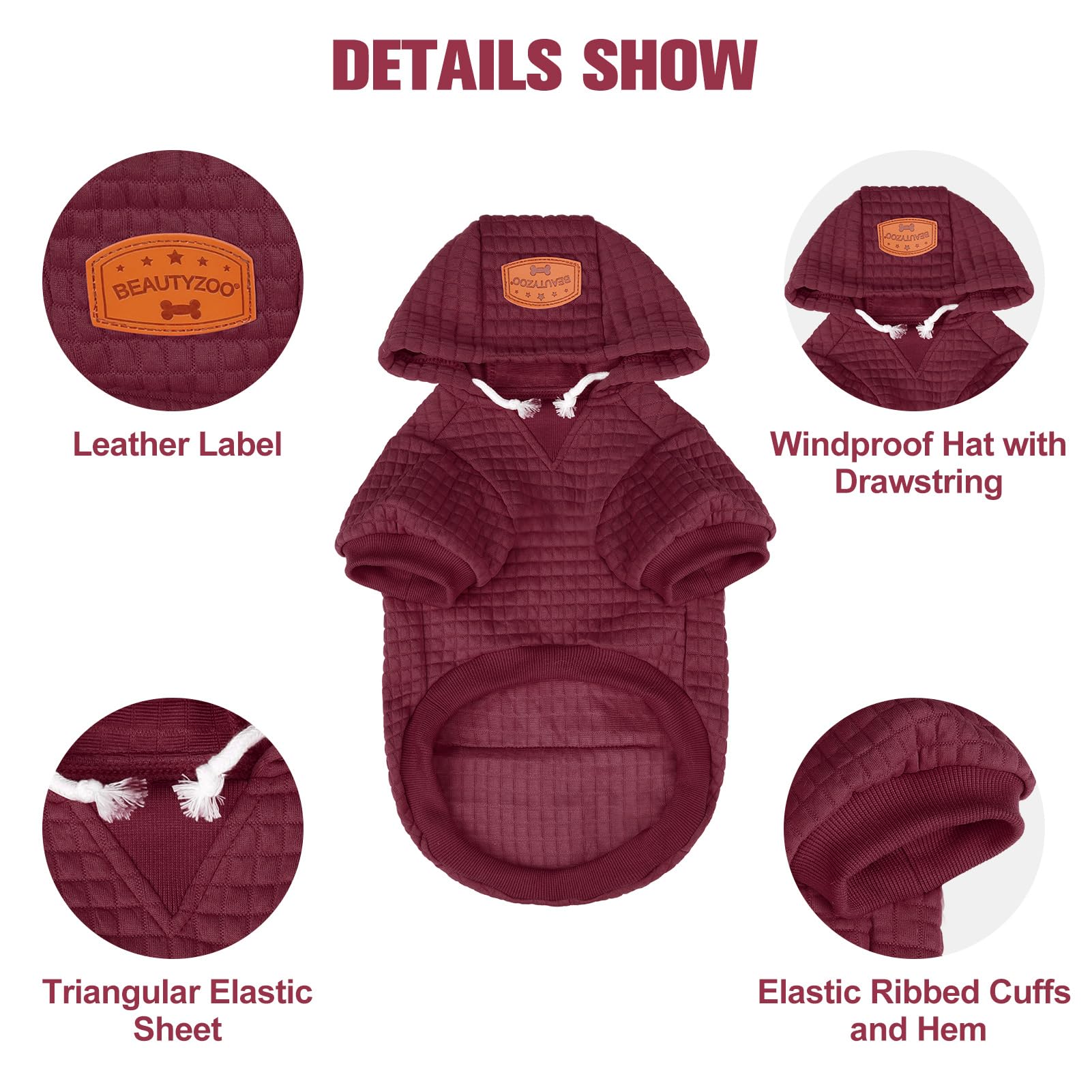 BEAUTYZOO dog hoodie shows three-piece hood with drawstring for secure, comfortable wear.