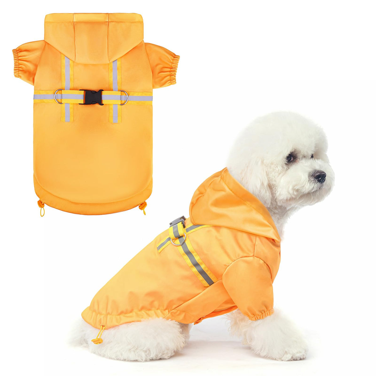 BEAUTYZOO dog raincoat with harness built-in front view showing easy leash buckling for convenient walks