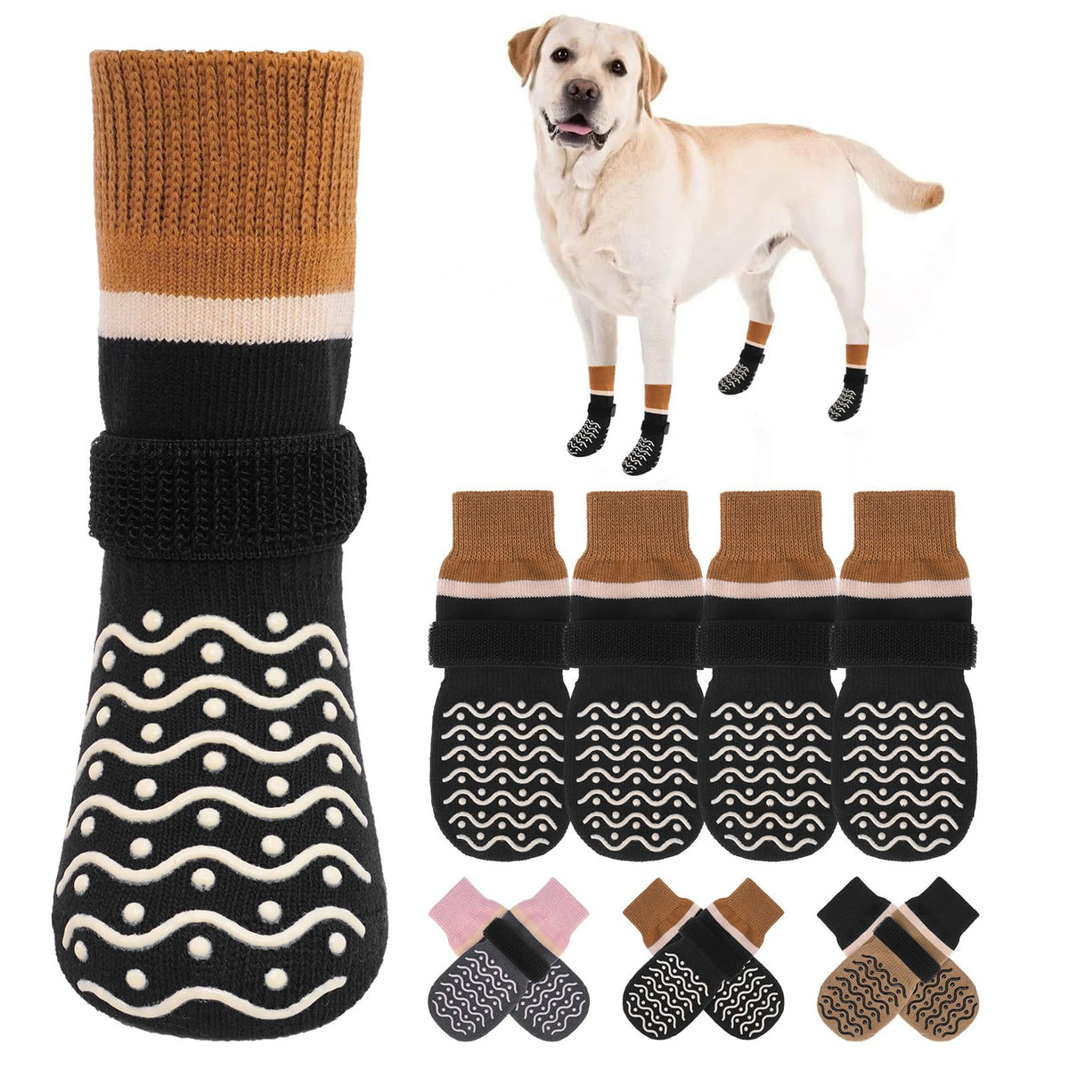 BEAUTYZOO Dog Socks pack shows sizes for precise paw fit across breeds.