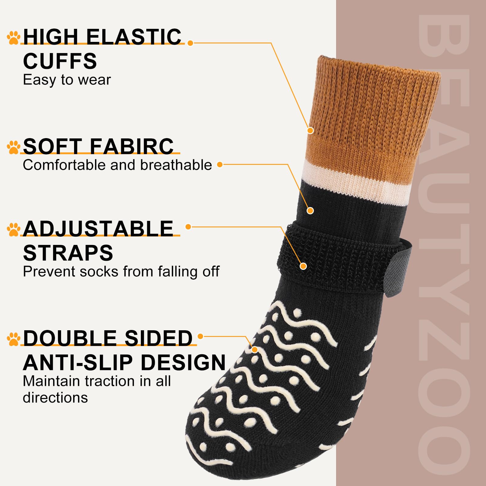 BEAUTYZOO Dog Socks secure-fit for senior dogs with adjustable straps.