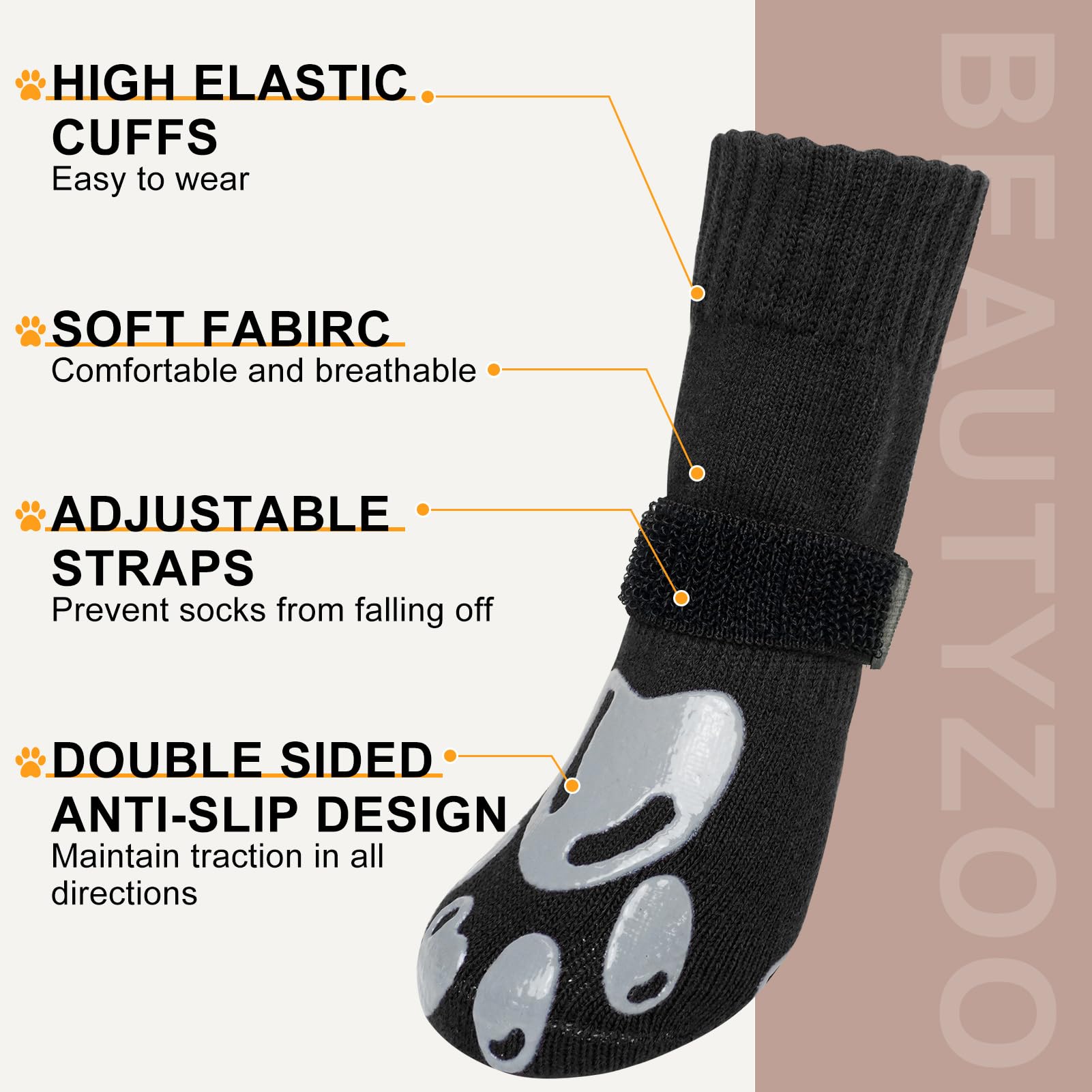 BEAUTYZOO dog socks adjustable strap for secure fit during walks and play.