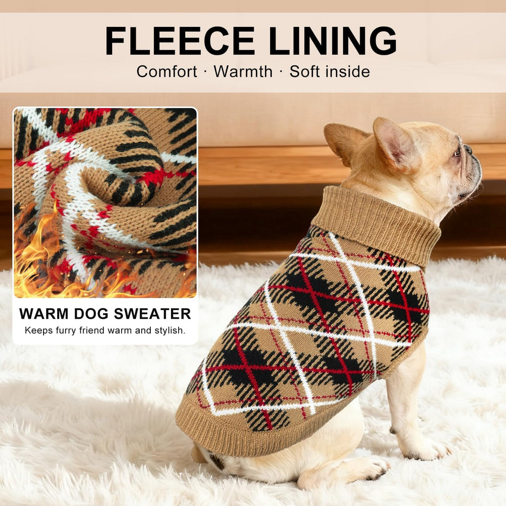 BEAUTYZOO beige turtleneck dog sweater offers extra neck warmth on cold days.