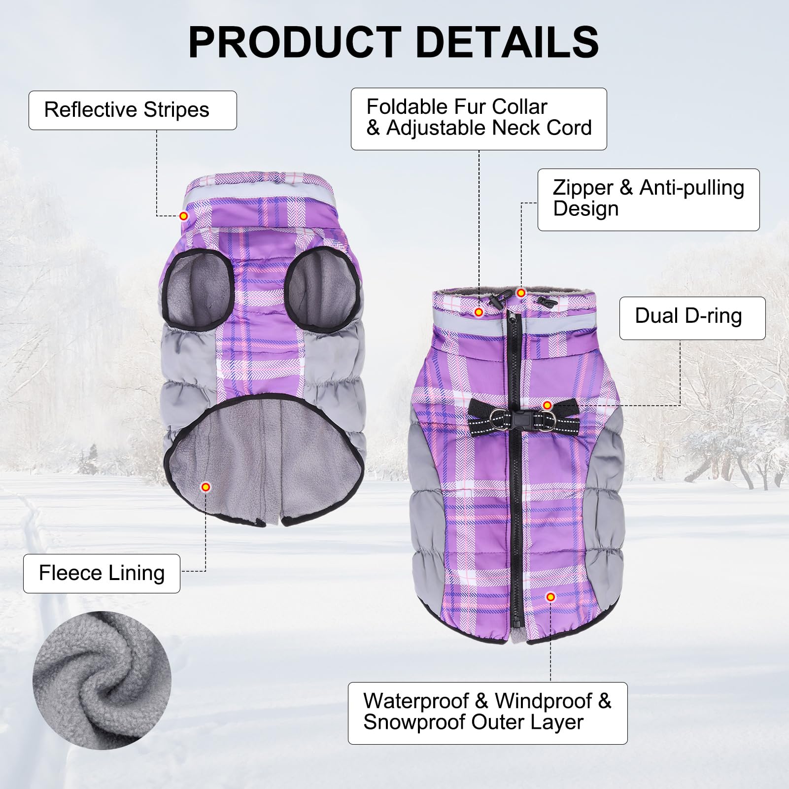 BEAUTYZOO dog winter coat harness-back view showing D-ring leash clip