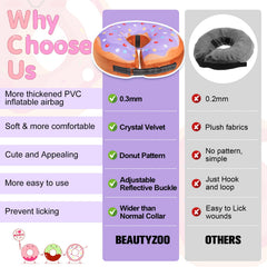 BeautyZOO donut dog cone recovery use highlights improved neck support.
