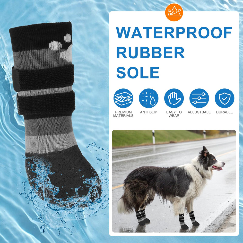 BEAUTYZOO four-pack dog socks with rubber bottoms for muddy outdoor days.