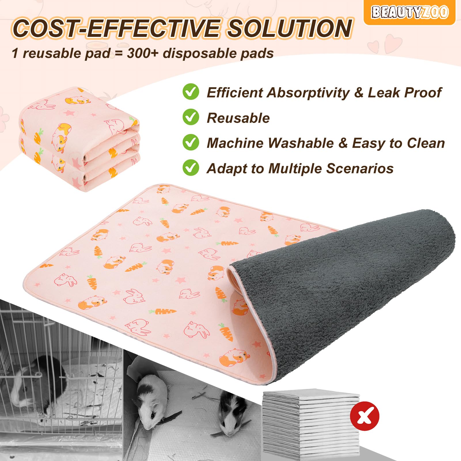 BEAUTYZOO double-sided guinea pig liner in pink for longer use cycles.