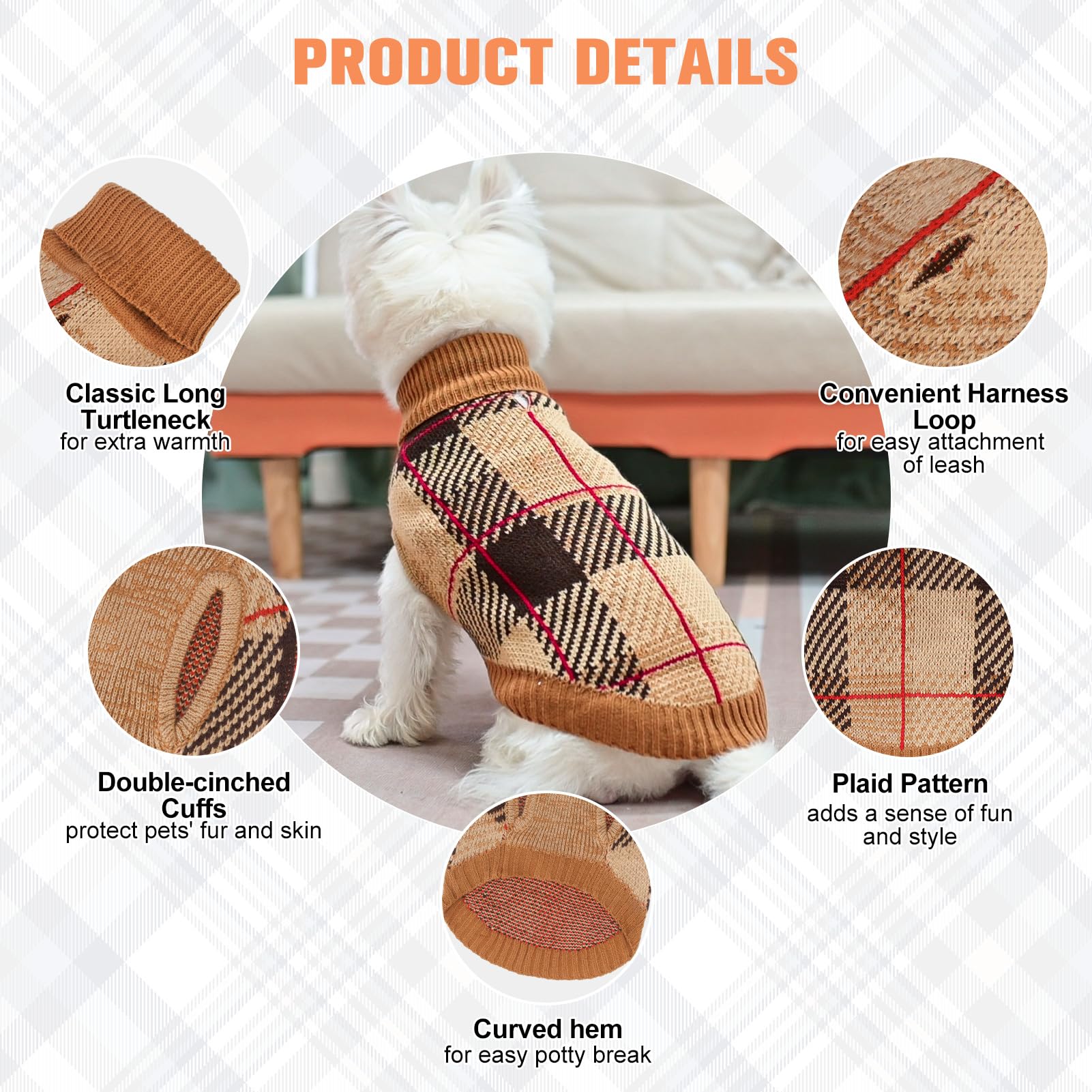 BEAUTYZOO Knitted Pullover Dog Sweater plaid pattern close-up emphasizes vibrant multi-color design.