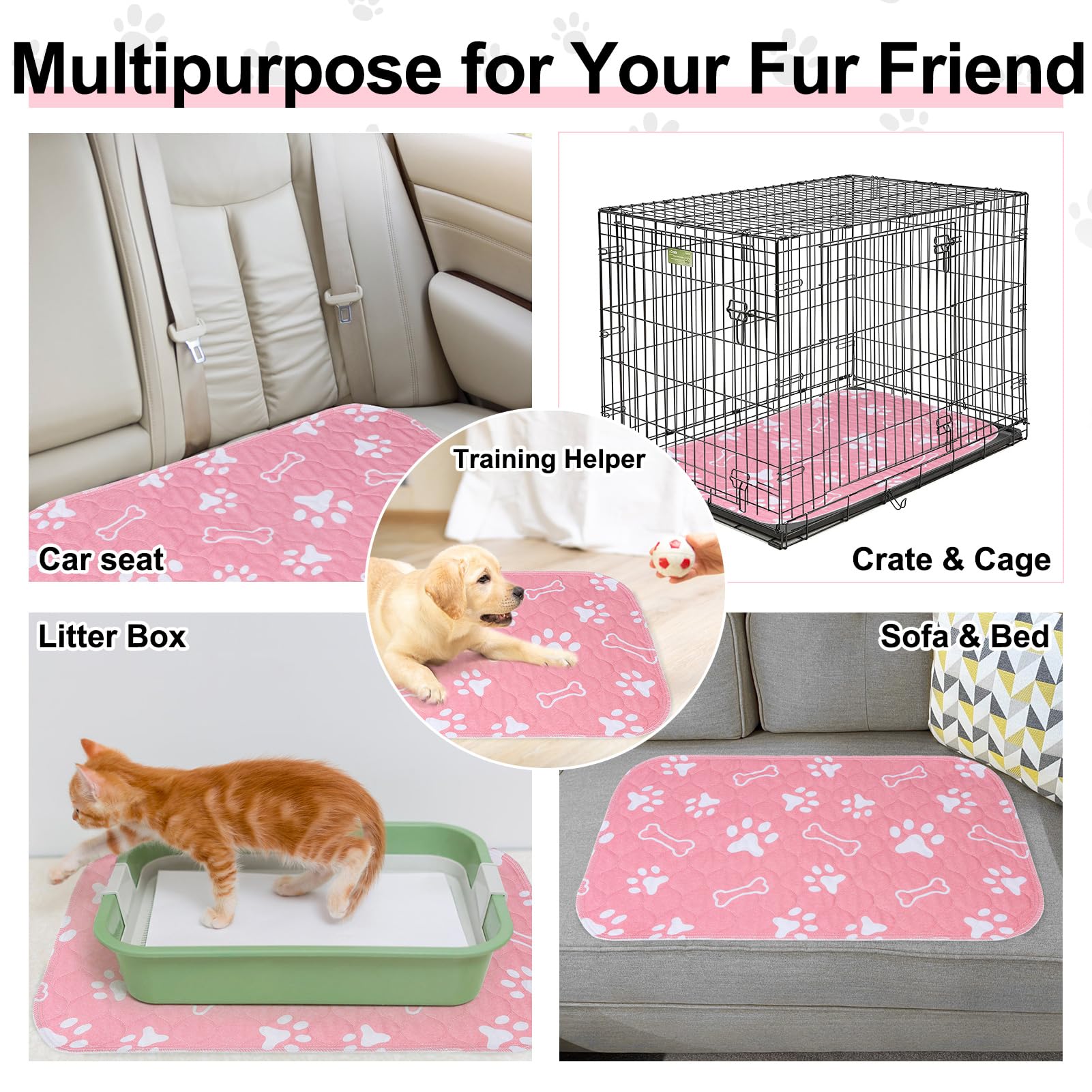BEAUTYZOO multipurpose dog pee pad in various uses for crates, travel, and playpens.