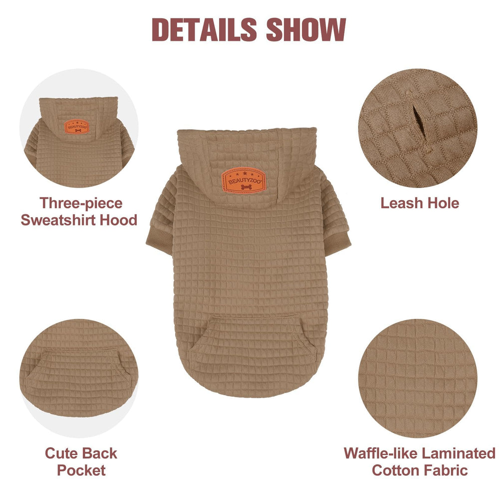 BEAUTYZOO hooded puppy coat close-up reveals waffle-laminated cotton texture and pattern.