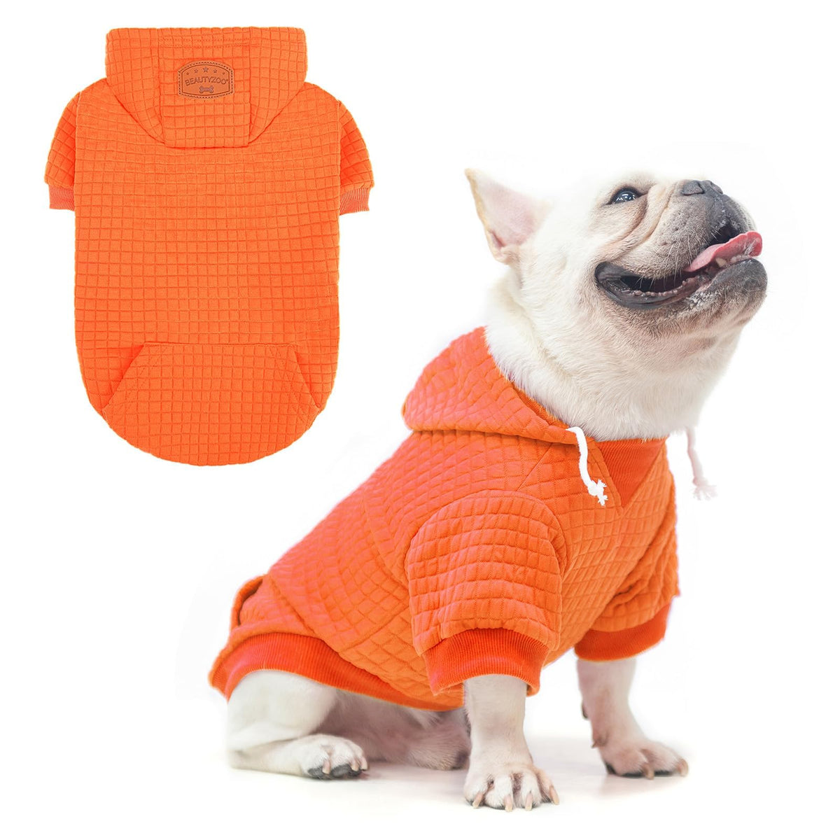BEAUTYZOO small dog hoodie pockets orange M front view with snack pocket for outings