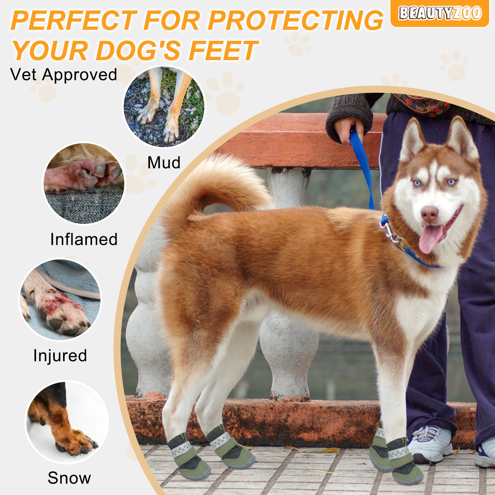 BEAUTYZOO dog boots adjustable straps show secure fit and enhanced visibility