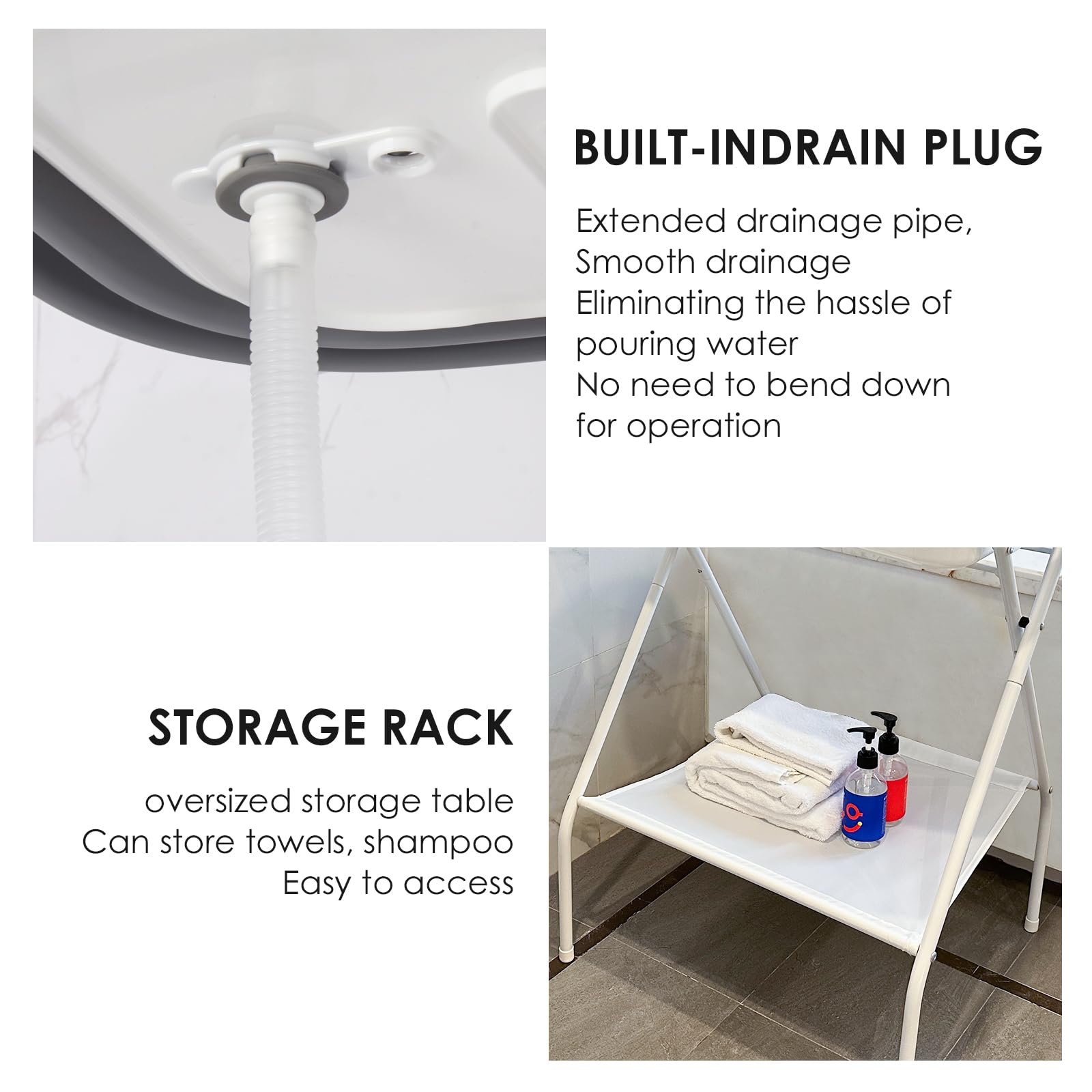 Beberoad Pets storage table keeps shampoos within reach during grooming.
